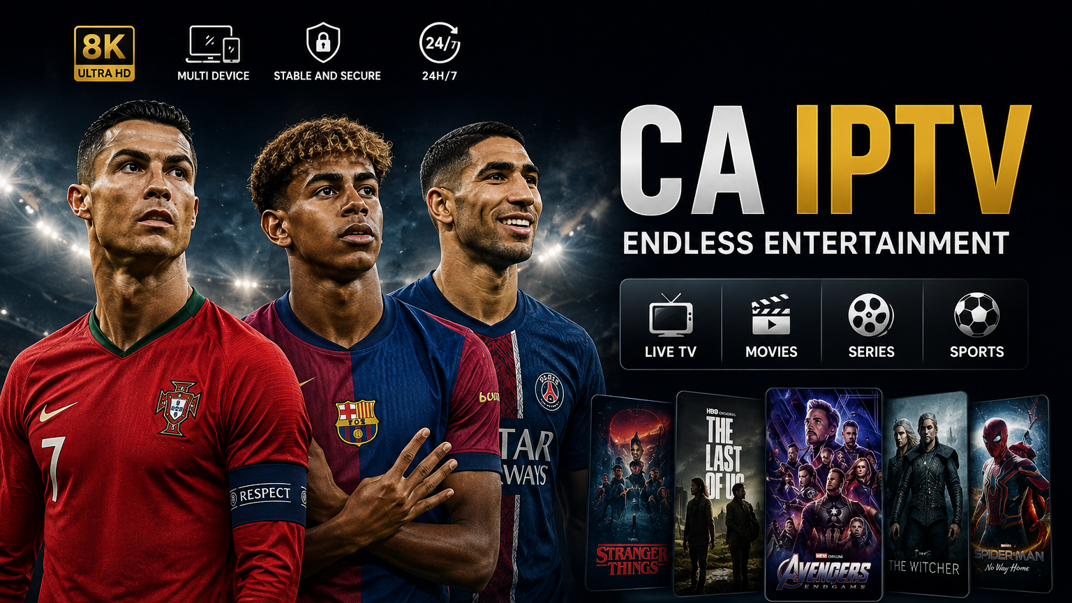 Caiptv,iptvcanadazon running on a Smart TV, tablet and phone